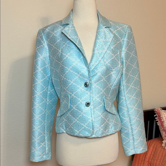 Ice Light Blue Jacquard Floral Blazer with Rhinestone Snap Buttons size 8 - Picture 16 of 16